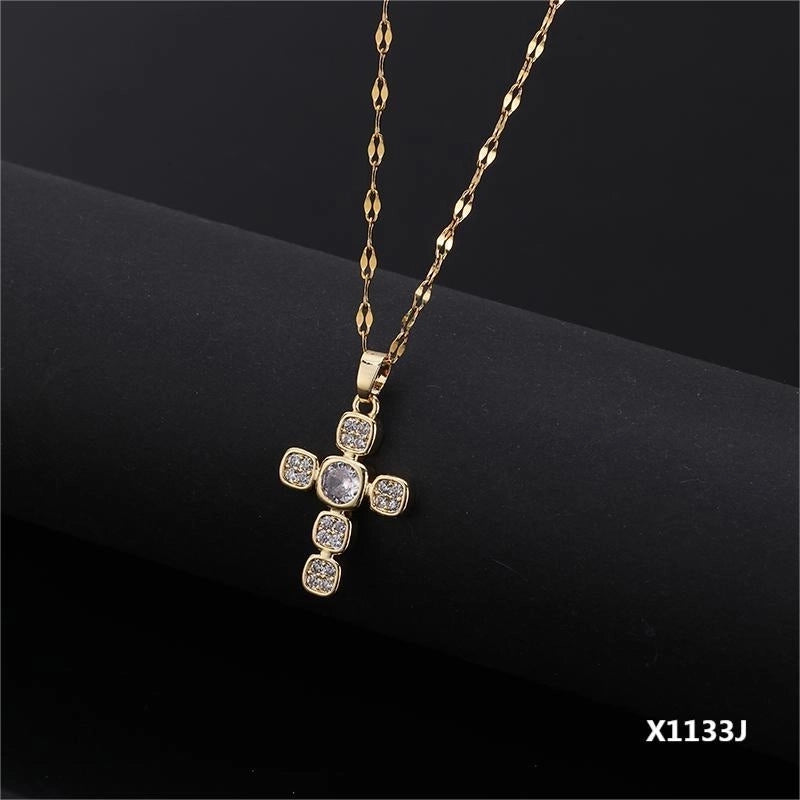 Copper Inlay Cross Zircon Pendant Necklace