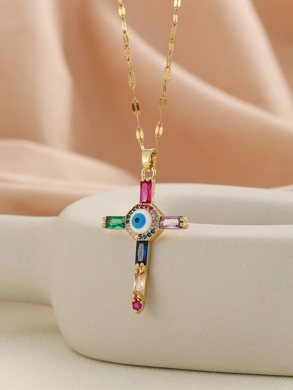 Copper Inlay Cross Rhinestones Pendant Necklace