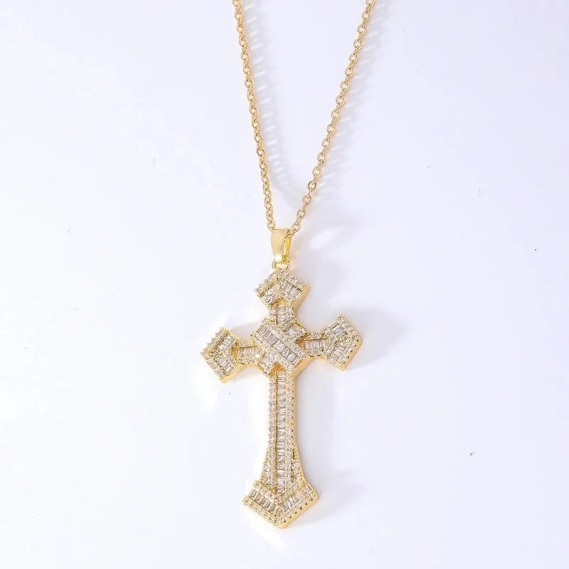 Hip-Hop Retro Cross 304 Stainless Steel Copper Plating Inlay K Gold Plated Zircon Pendant Necklace