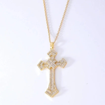 Hip-Hop Retro Cross 304 Stainless Steel Copper Plating Inlay K Gold Plated Zircon Pendant Necklace