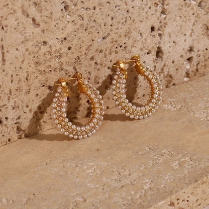 1 Pair Fashion U Shape Plating Inlay 304 Stainless Steel Pearl Zircon 18K Gold Plated Hoop Earrings