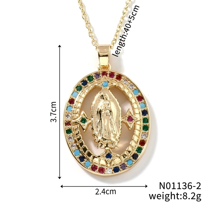 Vintage Style Classic Style Geometric Round Virgin Mary 304 Stainless Steel Copper Zircon K Gold Plated Inlay Pendant Necklace