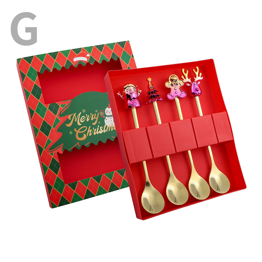 J Christmas Spoon Set Cartoon Colorful Santa Claus Christmas Tree Spoon Fork Coffee Dessert Spoon Gift Box