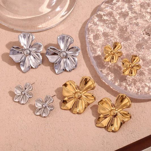 Fashion Petal Geometric Flower Stainless Steel 18K Gold Plated Stud Earrings
