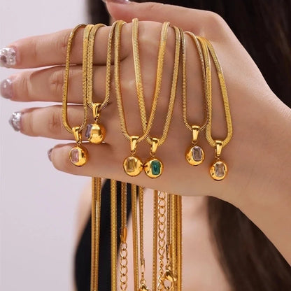 Elegant Minimalist Round 304 Stainless Steel Zircon 18K Gold Plated Inlay Pendant Necklace