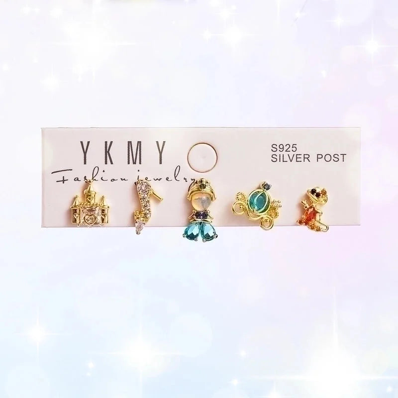 1 Set Ig Style Sweet Princess Castle Flower Asymmetrical Copper Zircon 14k Gold Plated Ear Studs