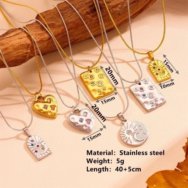 Elegant Minimalist Streetwear Heart Shape Rectangle Titanium Steel 18K Gold Plated Pendant Necklace