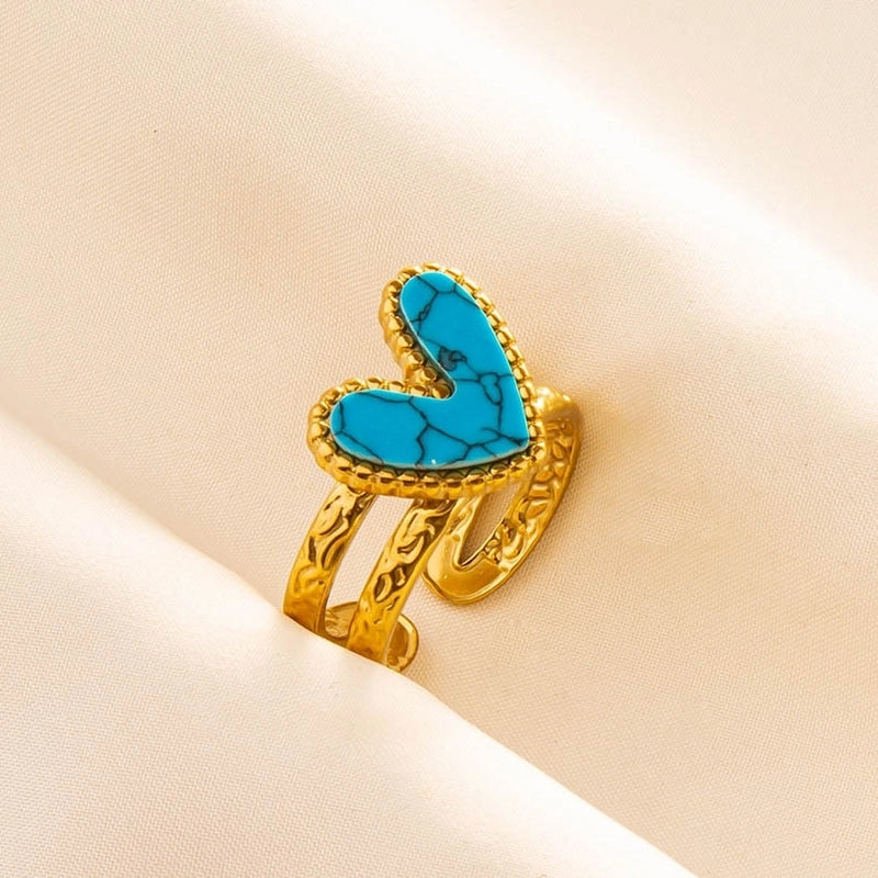 304 Stainless Steel Minimalist Inlay Heart Shape Artificial Gemstones Rings