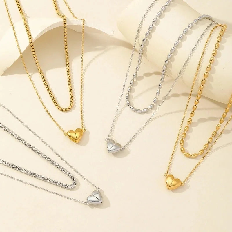 Casual Romantic Heart Shape 304 Stainless Steel 18K Gold Plated Double Layer Necklaces