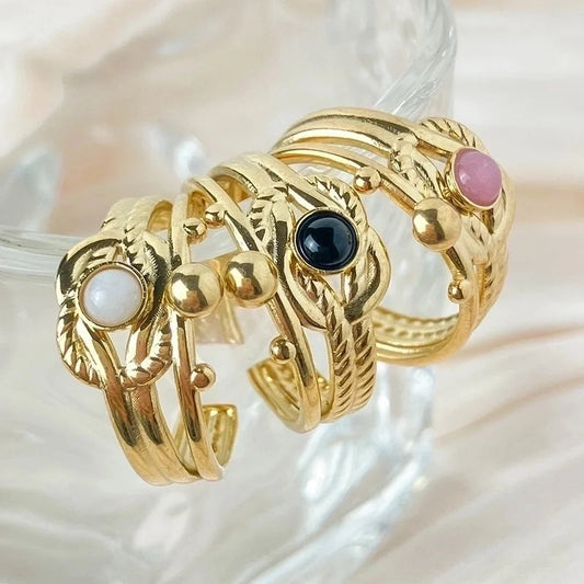 304 Stainless Steel 14K Gold Plated Elegant Vintage Style Plating Inlay Color Block Natural Stone Open Rings