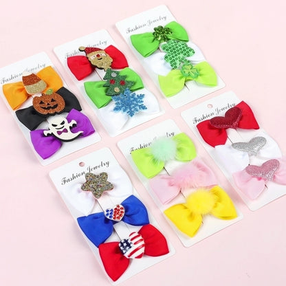 Halloween Christmas Independence Day Ethnic Style Kid'S Halloween Pattern Santa Claus American Flag Sequins Knitting Bowknot Hair Clip