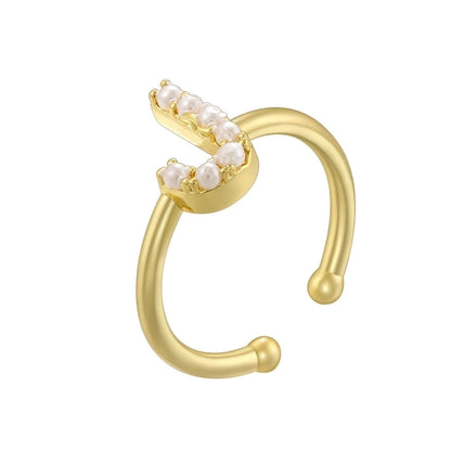 Copper 18K Gold Plated Plating Inlay Letter Artificial Pearls Open Rings