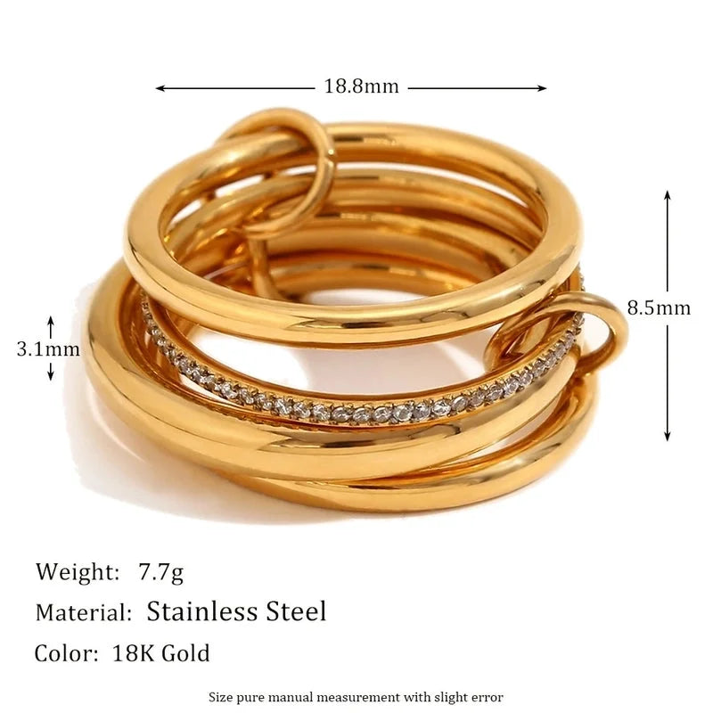 IG Style Circle 304 Stainless Steel Rhinestones 18K Gold Plated Layered Plating Inlay Rings