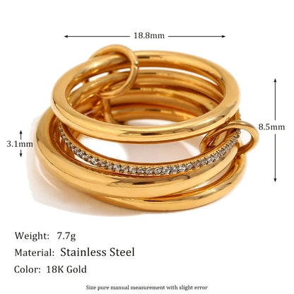 IG Style Circle 304 Stainless Steel Rhinestones 18K Gold Plated Layered Plating Inlay Rings