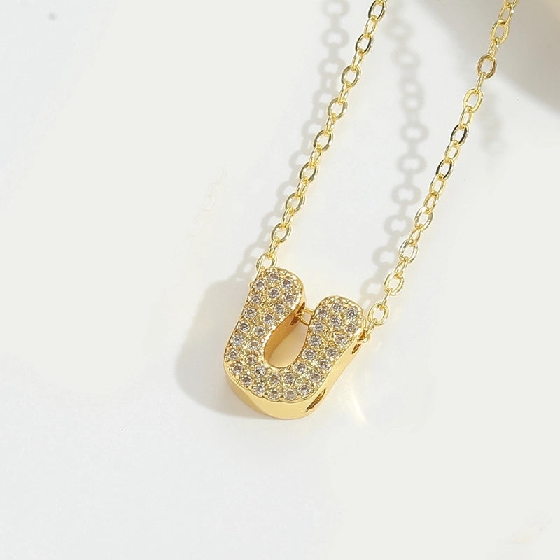 Copper 14K Gold Plated Vintage Style Minimalist Commute Inlay Letter Zircon Pendant Necklace