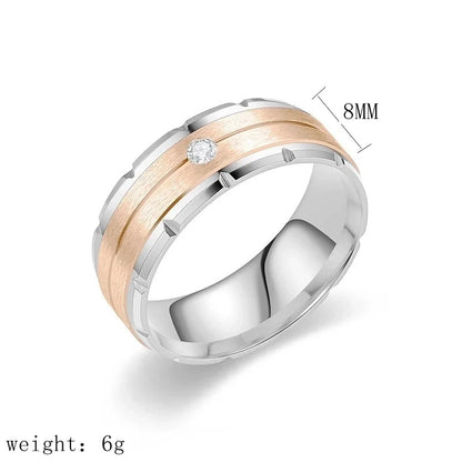 Modern Style Minimalist Round Titanium Steel Artificial Diamond 18K Gold Plated Inlay Wide Band Ring