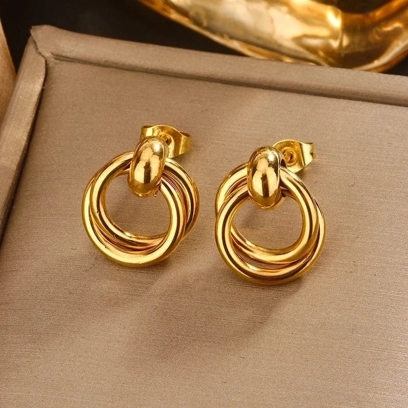 1 Pair Vintage Style U Shape Double Ring Circle Plating 304 Stainless Steel 18K Gold Plated Stainless Steel Earrings