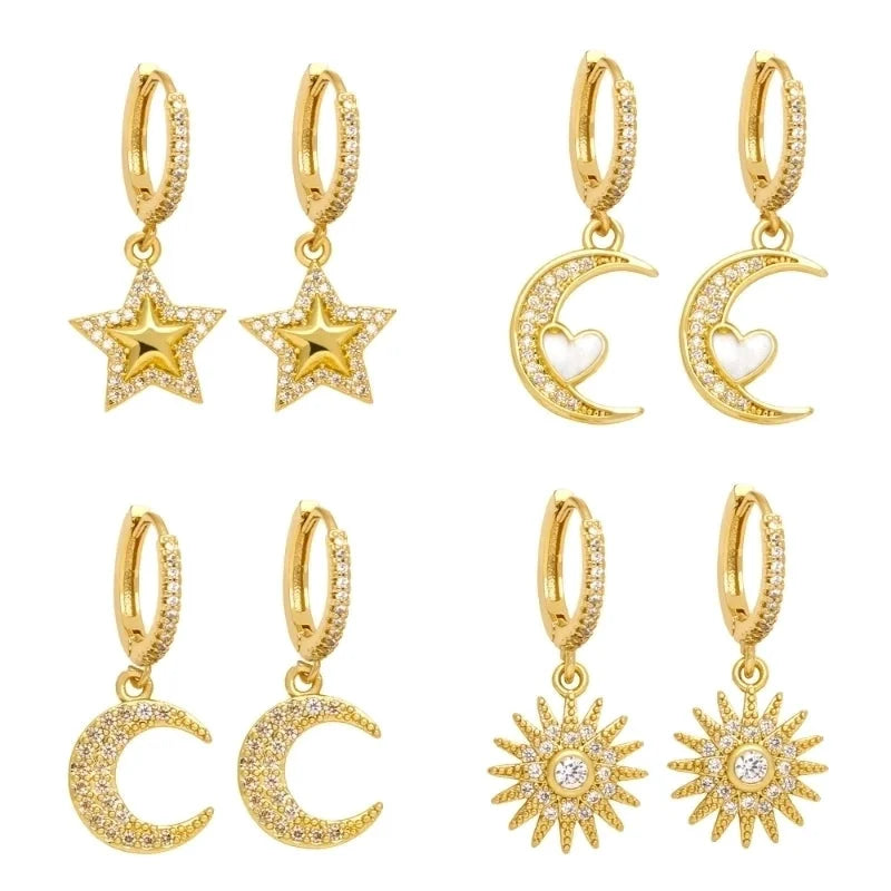 1 Pair Ig Style Streetwear Sun Star Moon Plating Inlay Copper Zircon 18k Gold Plated Drop Earrings
