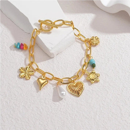 Sweet Minimalist Heart Shape Flower Butterfly 304 Stainless Steel 18K Gold Plated Figaro Chain Multi Charms Bracelet Bracelets In Bulk