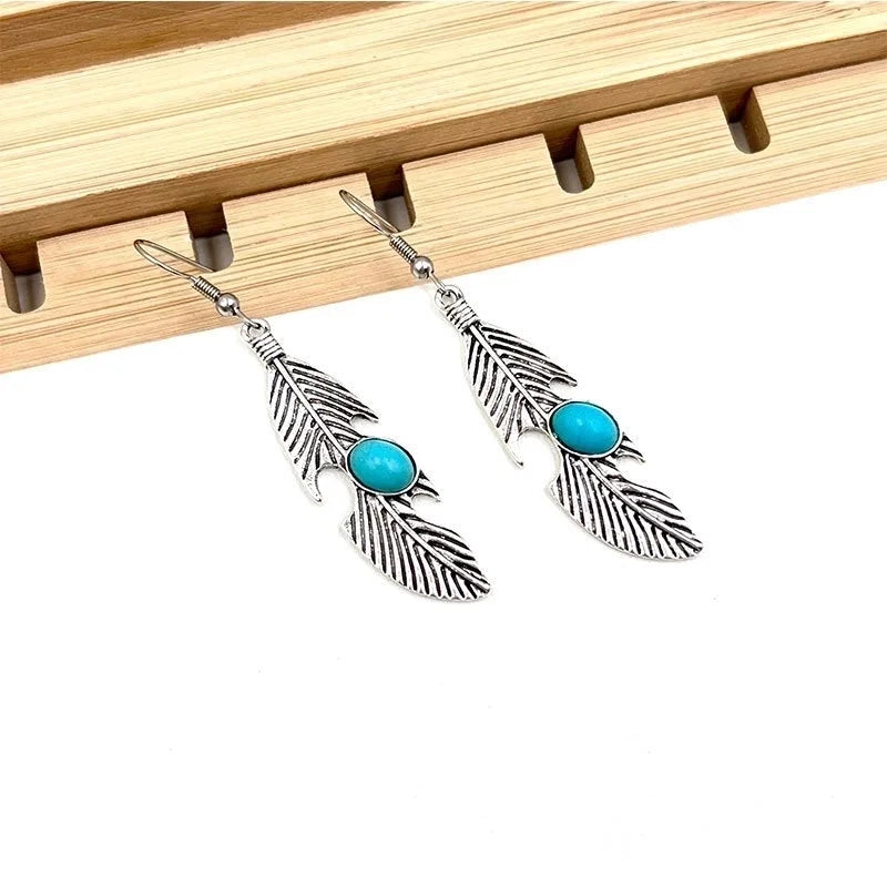 Turquoise Earrings Suit Women\'s Bohemian Retro Personalized Ethnic Style Alloy Earrings