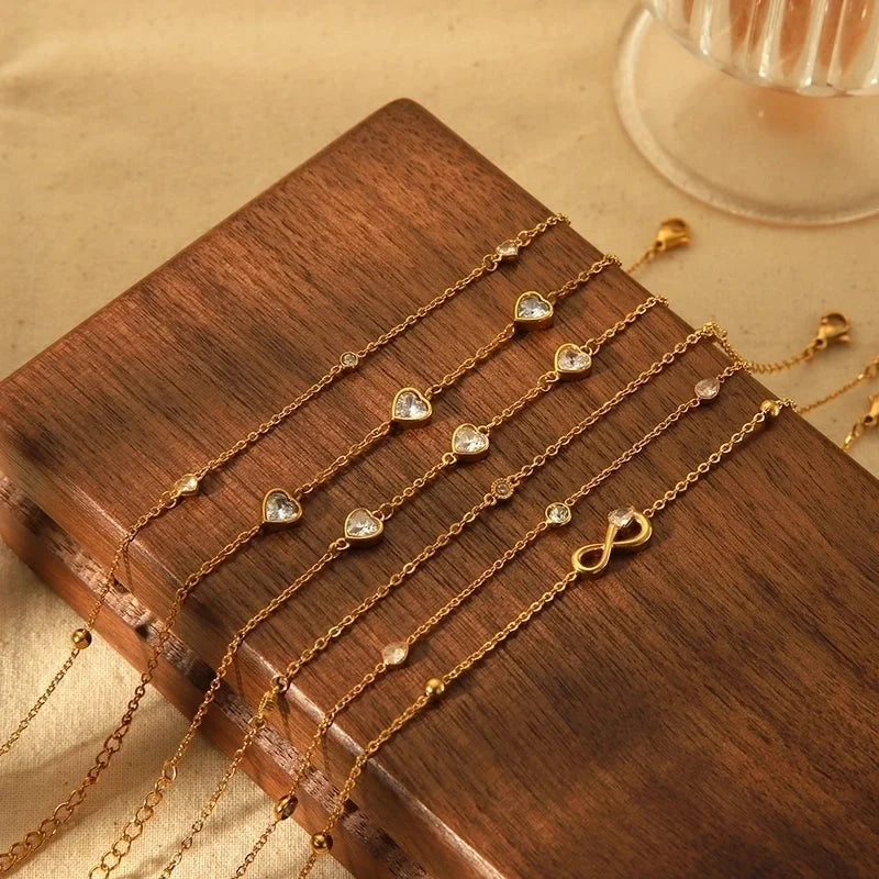 Minimalist Classic Style Solid Color 304 Stainless Steel Zircon 18K Gold Plated Plating Bracelets Anklet