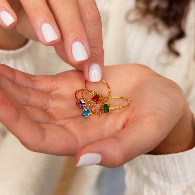 Modern Style Square Copper Zircon 18K Gold Plated Open Rings