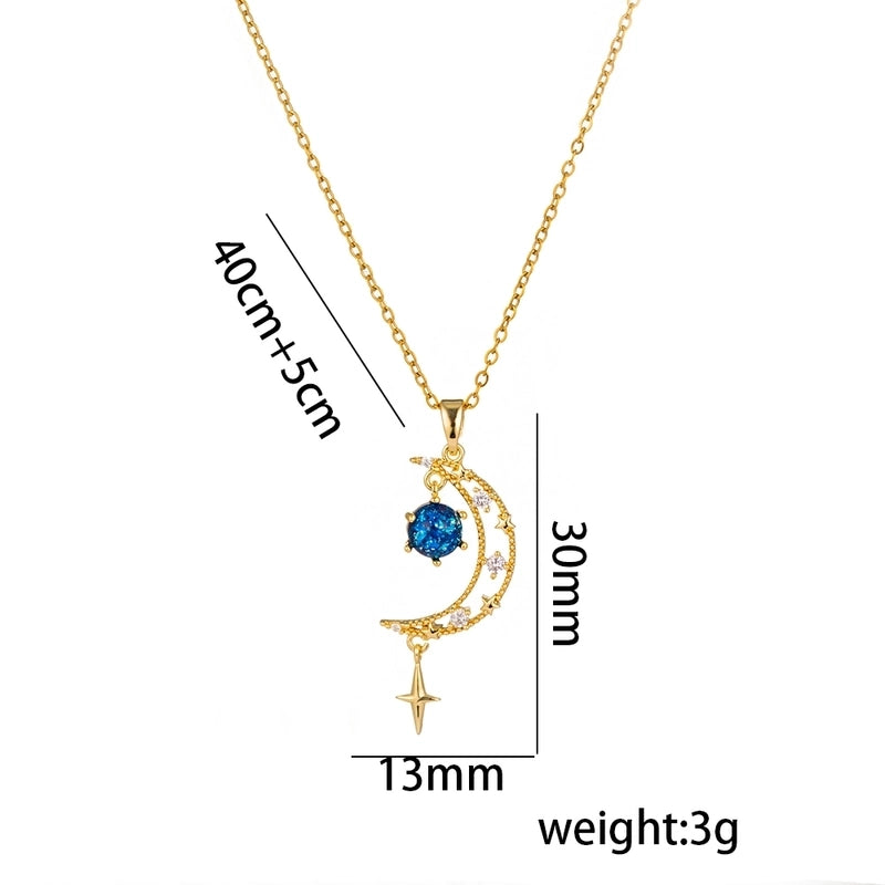 Titanium Steel 18K Gold Plated Casual Minimalist Inlay Star Moon Planet Moonstone Zircon Pendant Necklace