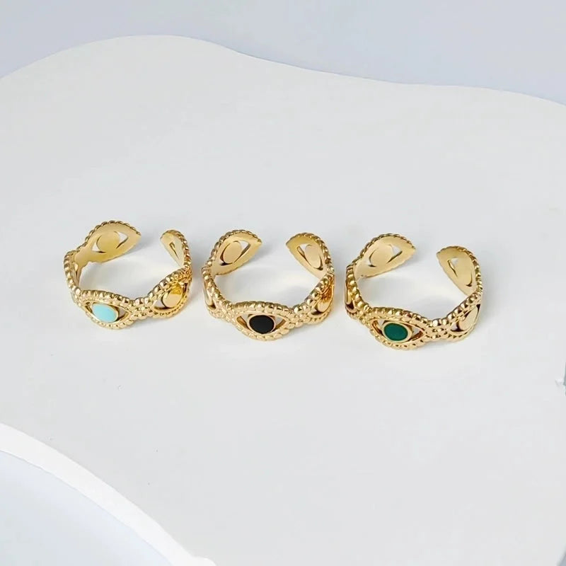 3 Pieces Casual Minimalist Leaves Eye 304 Stainless Steel 18K Gold Plated Enamel Hollow Out Open Rings