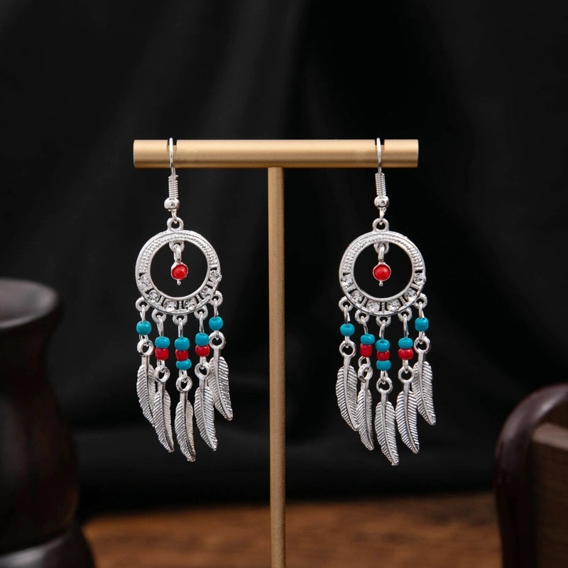 Bohemian Blue Turquoise National Style Earrings Imitation Miao Silver Metal Earrings Vintage Tassel Earrings