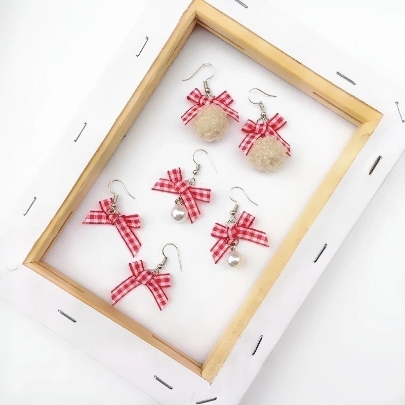 Retro Plaid Bow Cute Mink Plush Ball Strawberry Cake Ear Clip Christmas Earrings
