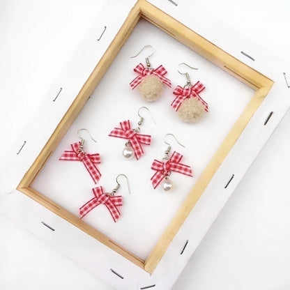 Retro Plaid Bow Cute Mink Plush Ball Strawberry Cake Ear Clip Christmas Earrings