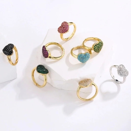 Copper Micro-encrusted Zircon Peach Heart-shaped Opening Adjustable Ring