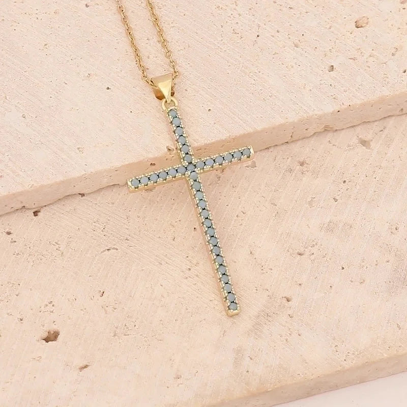 Stainless Steel Copper 18K Gold Plated Fashion Inlay Cross Zircon Pendant Necklace