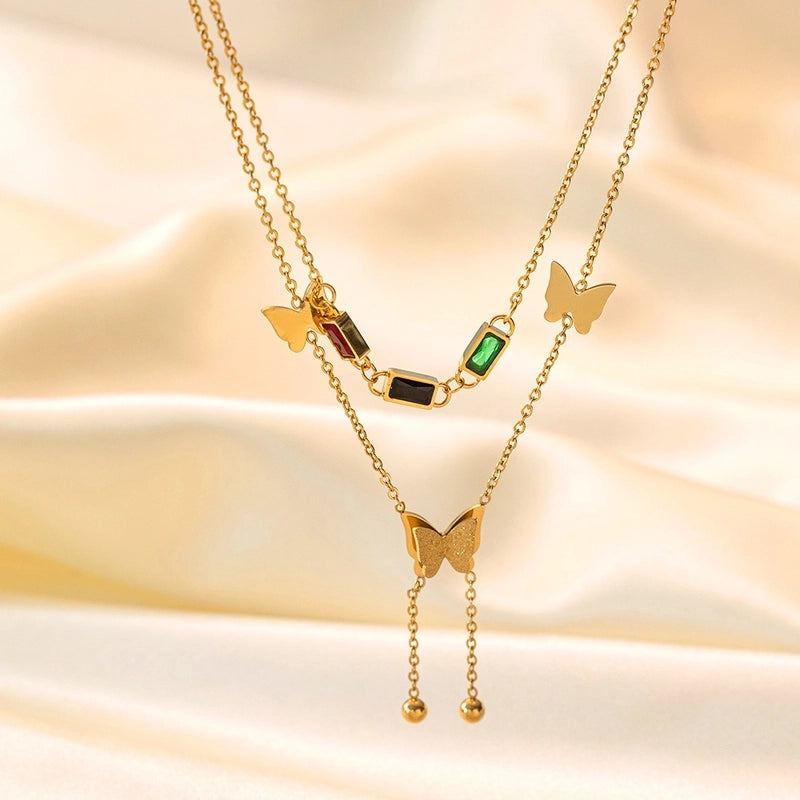 Minimalist Geometric Heart Shape Titanium Steel Shell Zircon 18K Gold Plated Inlay Layered Necklaces Necklace