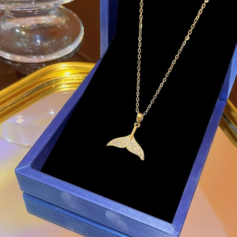 Elegant Classic Style Geometric Moon Bow Knot Titanium Steel Zircon Pendant Necklace