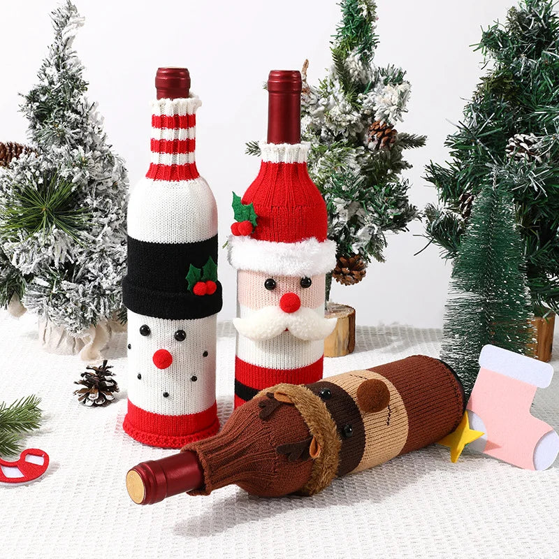 Christmas Wine Bottle Cover Cartoon Knitted Old Man Snowman Red Wine Cover Christmas Restaurant Atmosphere Decoration