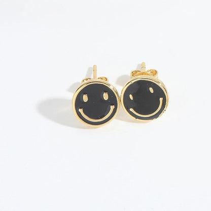 1 Pair Elegant Minimalist Commute Smile Face Enamel Copper 14K Gold Plated Ear Studs