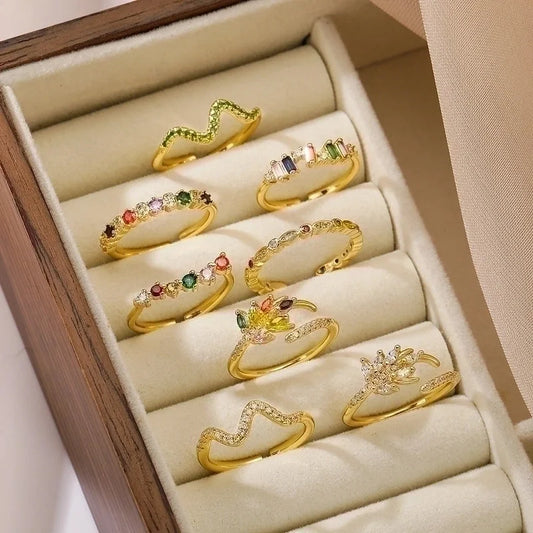 Minimalist Leaves Copper Plating Inlay Zircon 18k Gold Plated Open Rings