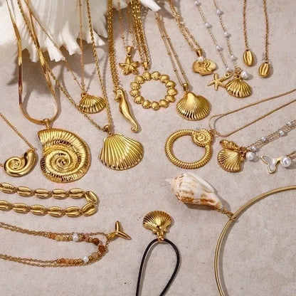 2 Pieces 304 Stainless Steel 18K Gold Plated Beach Minimalist Beaded Plating Starfish Shell Fish Tail Pendant Necklace