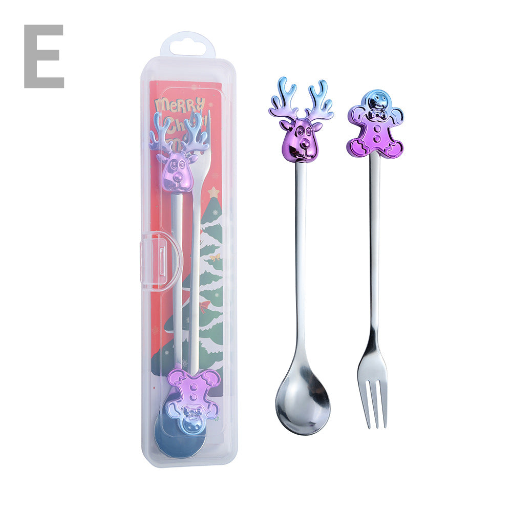 J Christmas Spoon Set Cartoon Colorful Santa Claus Christmas Tree Spoon Fork Coffee Dessert Spoon Gift Box