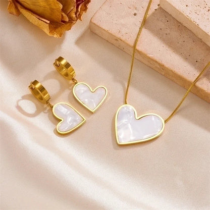 Princess Cute Minimalist Heart Shape Stainless Steel Plating Inlay Shell 18k Gold Plated Earrings Necklace