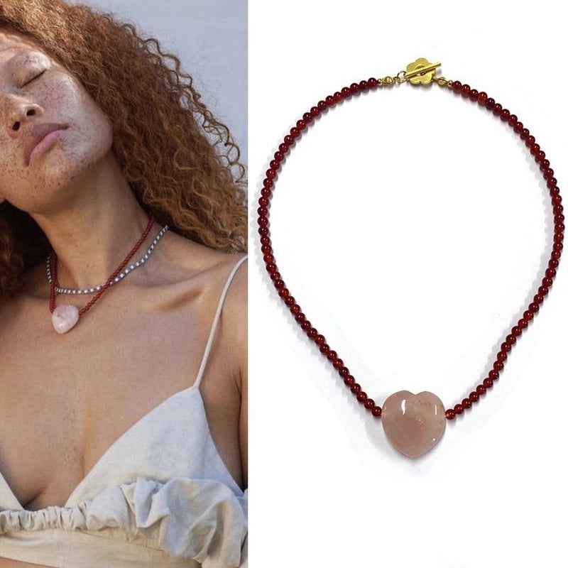 2 Pieces Minimalist Heart Shape Natural Stone Titanium Steel Pendant Necklace In Bulk