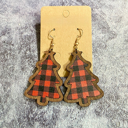 1 Pair Retro Christmas Tree Plaid Wood Drop Earrings