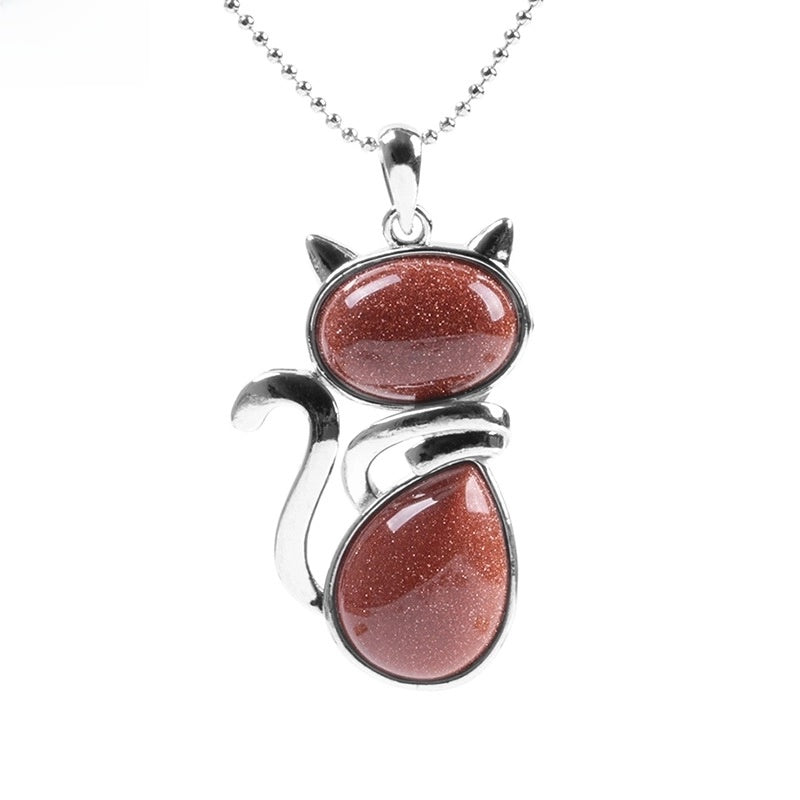 Cute Cat Natural Stone Copper Pendant Necklace In Bulk