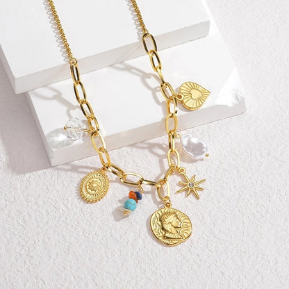 IG Style Minimalist Animal Heart Shape Flower 304 Stainless Steel 18K Gold Plated Multi Charms Pearl Multi Charms Necklace