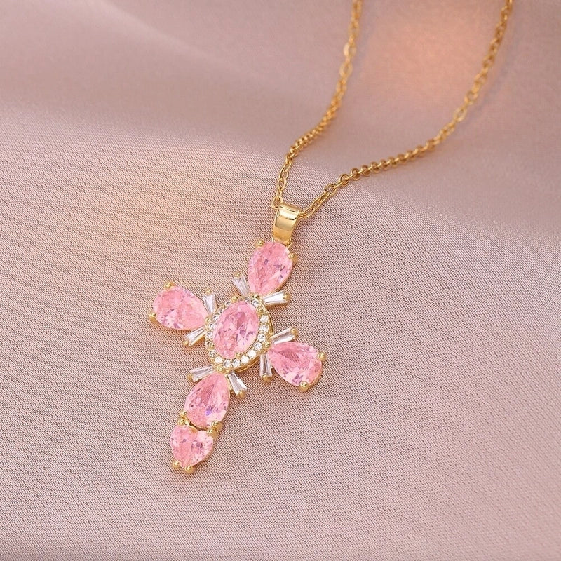 201 Stainless Steel Copper White Gold Plated Gold Plated Minimalist Classic Style Plating Inlay Cross Glass Zircon Pendant Necklace