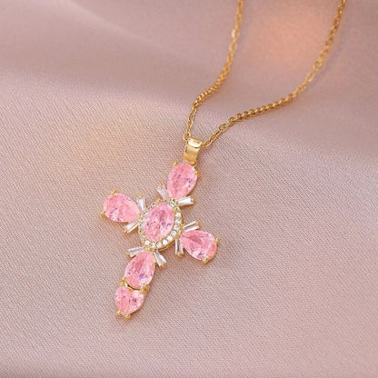 201 Stainless Steel Copper White Gold Plated Gold Plated Minimalist Classic Style Plating Inlay Cross Glass Zircon Pendant Necklace