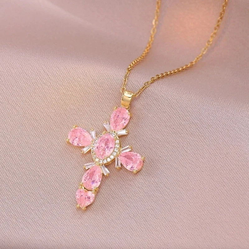 201 Stainless Steel Copper White Gold Plated Gold Plated Minimalist Classic Style Plating Inlay Cross Glass Zircon Pendant Necklace