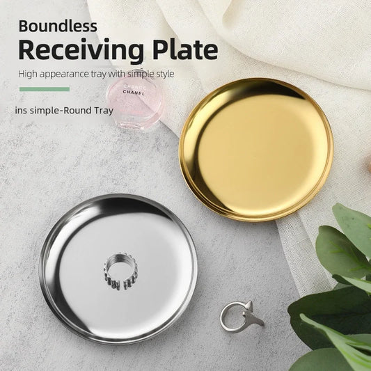 Luxury Metal Round Small Jewelry Tray Stainless Steel Storage Plate Dormitory Cosmetic Ornament Plate Decorative Item