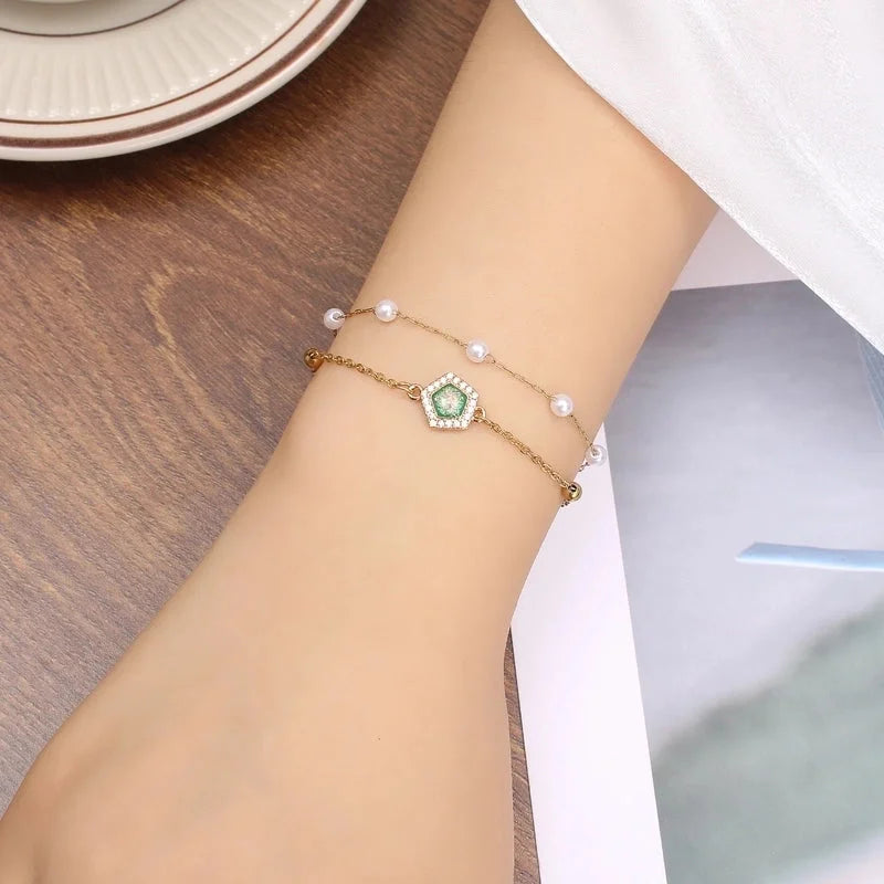 Baroque Style Minimalist Geometric Stainless Steel Artificial Pearl Handmade Inlay Zircon Bracelets